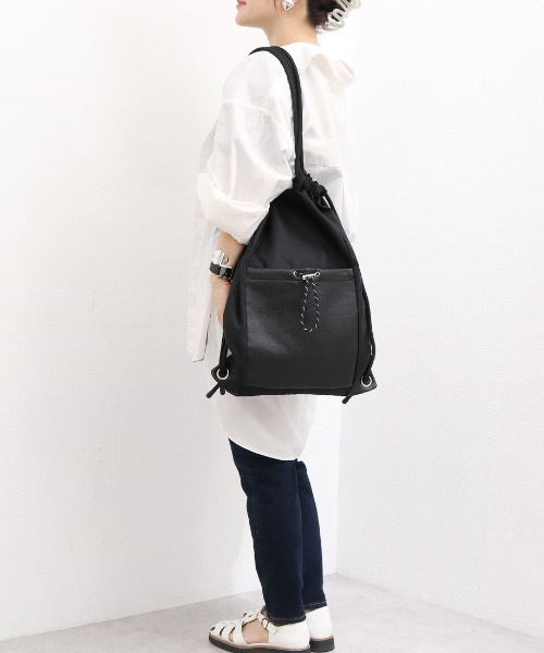 perche(ペルケ)の「ペルケ perche / ナイロン×牛革ドローコード2wayナップサック(バックパック/リュック・レディース・ライトグレー/ベージュ系その他/ブラック・FREE)」の14枚目の写真
