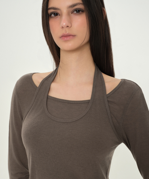 MUSINSA STANDARD WOMAN（ムシンサスタンダードウーマン）の「ウィメンズウールテンセルホルターレイヤード長袖Tシャツ[ブラウン]（Tシャツ/カットソー・レディース・その他・X-SMALL/SMALL/MEDIUM/LARGE）」の4枚目の写真