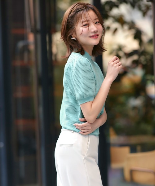 RUIRUE BOUTIQUE(ルイルエブティック)の「洗える/ストレッチ | クロシェ風 パフ ニット | トップス・ニットトップス・サマーニット・シアートップス・かぎ針編み風ニット・メッシュトップス・プルオーバー・Tシャツ(ニット/セーター・レディース・ブラック/ネイビー/ライトベージュ/ホワイト/ブルー・L/M)」の22枚目の写真