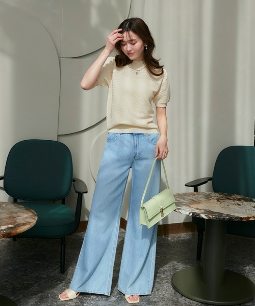 RUIRUE BOUTIQUE(ルイルエブティック)の「洗える/ストレッチ | クロシェ風 パフ ニット | トップス・ニットトップス・サマーニット・シアートップス・かぎ針編み風ニット・メッシュトップス・プルオーバー・Tシャツ(ニット/セーター・レディース・ブラック/ネイビー/ライトベージュ/ホワイト/ブルー・L/M)」の7枚目の写真