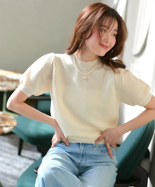 RUIRUE BOUTIQUE(ルイルエブティック)の「洗える/ストレッチ | クロシェ風 パフ ニット | トップス・ニットトップス・サマーニット・シアートップス・かぎ針編み風ニット・メッシュトップス・プルオーバー・Tシャツ(ニット/セーター・レディース・ブラック/ネイビー/ライトベージュ/ホワイト/ブルー・L/M)」の8枚目の写真