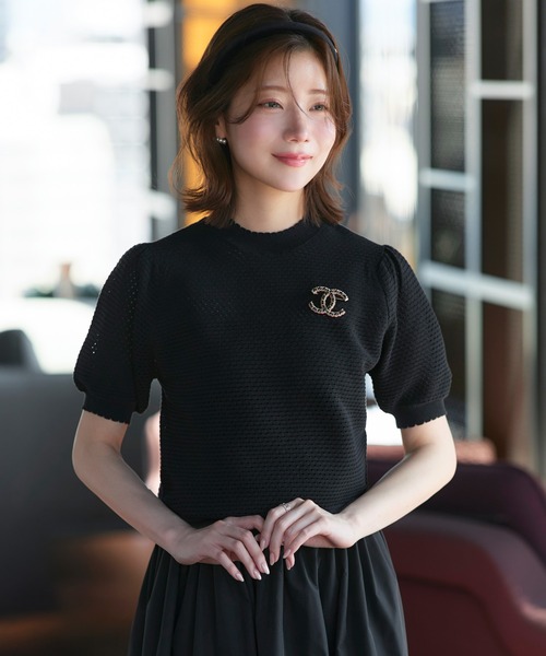 RUIRUE BOUTIQUE(ルイルエブティック)の「洗える/ストレッチ | クロシェ風 パフ ニット | トップス・ニットトップス・サマーニット・シアートップス・かぎ針編み風ニット・メッシュトップス・プルオーバー・Tシャツ(ニット/セーター・レディース・ブラック/ネイビー/ライトベージュ/ホワイト/ブルー・L/M)」の13枚目の写真
