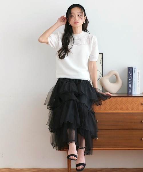 RUIRUE BOUTIQUE(ルイルエブティック)の「洗える/ストレッチ | クロシェ風 パフ ニット | トップス・ニットトップス・サマーニット・シアートップス・かぎ針編み風ニット・メッシュトップス・プルオーバー・Tシャツ(ニット/セーター・レディース・ブラック/ネイビー/ライトベージュ/ホワイト/ブルー・L/M)」の14枚目の写真