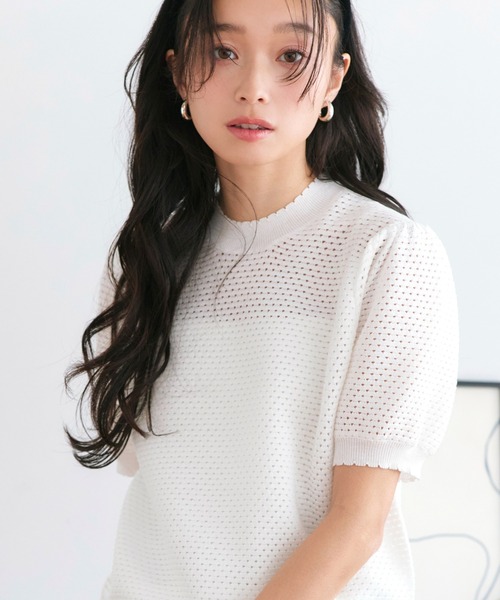 RUIRUE BOUTIQUE(ルイルエブティック)の「洗える/ストレッチ | クロシェ風 パフ ニット | トップス・ニットトップス・サマーニット・シアートップス・かぎ針編み風ニット・メッシュトップス・プルオーバー・Tシャツ(ニット/セーター・レディース・ブラック/ネイビー/ライトベージュ/ホワイト/ブルー・L/M)」の15枚目の写真