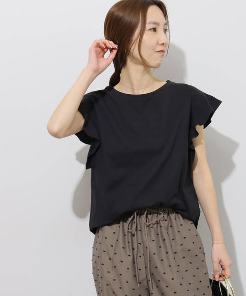 JOURNAL STANDARD relume(ジャーナルスタンダード レリューム)の「《WEB限定追加》フリルスリーブTシャツ(Tシャツ/カットソー・レディース・ホワイト/ブラック・FREE)」の6枚目の写真