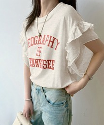 フリルスリーブロゴプリントTシャツ