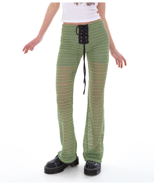 EYELET STRING KNIT PANTS_GREEN