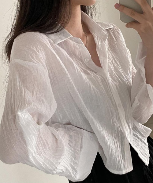 mielu(ミエル)の「クロップドシアー長袖シャツ(シャツ/ブラウス・レディース・ブルー/グレー/ホワイト・LARGE/MEDIUM)」の2枚目の写真