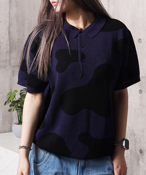 1111clothing(ワンフォークロージング)の「ジャガード ホルスタイン柄 ニットPOLO / Jacquard Holstein-Print Knit Polo Shirt(ポロシャツ・メンズ・オフホワイト/チャコールグレー/ネイビー・M/L)」の1枚目の写真