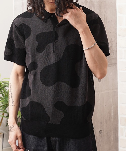 1111clothing(ワンフォークロージング)の「ジャガード ホルスタイン柄 ニットPOLO / Jacquard Holstein-Print Knit Polo Shirt(ポロシャツ・メンズ・オフホワイト/チャコールグレー/ネイビー・M/L)」の3枚目の写真