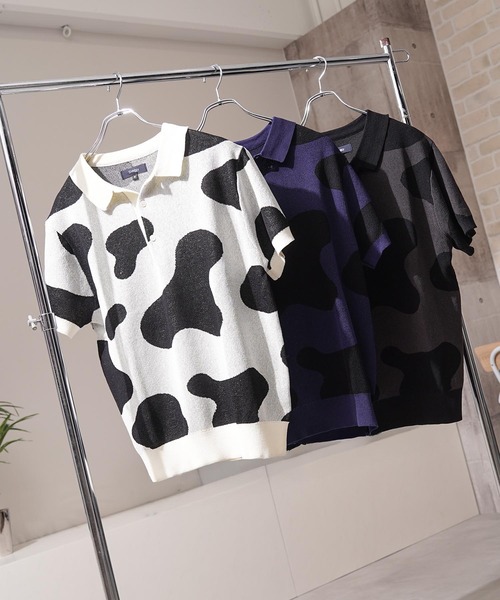 1111clothing(ワンフォークロージング)の「ジャガード ホルスタイン柄 ニットPOLO / Jacquard Holstein-Print Knit Polo Shirt(ポロシャツ・メンズ・オフホワイト/チャコールグレー/ネイビー・M/L)」の5枚目の写真