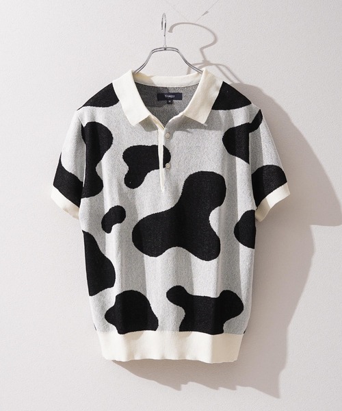1111clothing(ワンフォークロージング)の「ジャガード ホルスタイン柄 ニットPOLO / Jacquard Holstein-Print Knit Polo Shirt(ポロシャツ・メンズ・オフホワイト/チャコールグレー/ネイビー・M/L)」の6枚目の写真