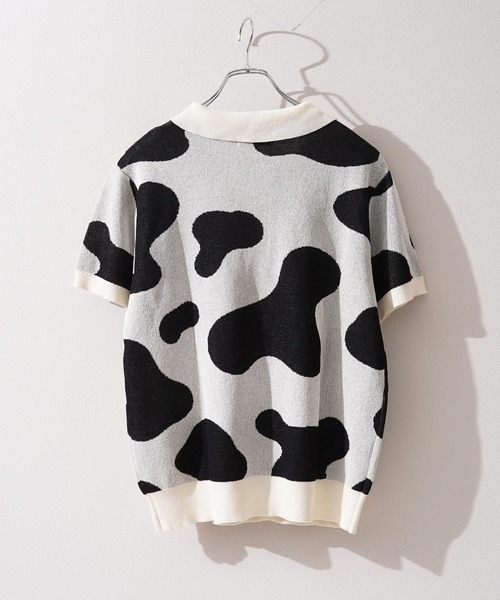 1111clothing(ワンフォークロージング)の「ジャガード ホルスタイン柄 ニットPOLO / Jacquard Holstein-Print Knit Polo Shirt(ポロシャツ・メンズ・オフホワイト/チャコールグレー/ネイビー・M/L)」の7枚目の写真