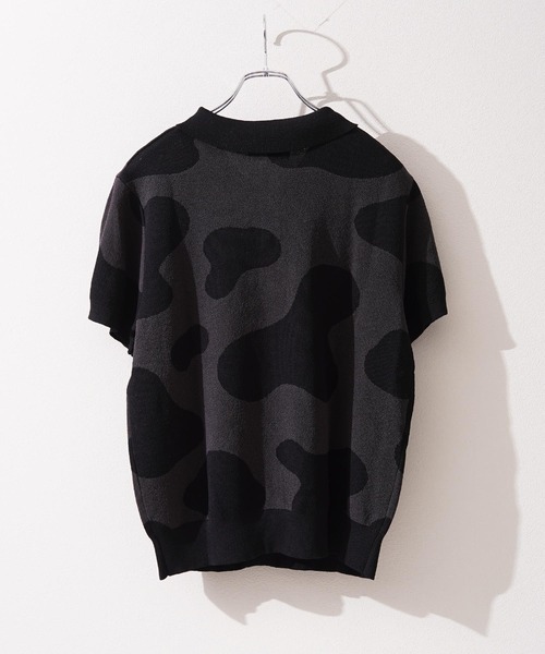 1111clothing(ワンフォークロージング)の「ジャガード ホルスタイン柄 ニットPOLO / Jacquard Holstein-Print Knit Polo Shirt(ポロシャツ・メンズ・オフホワイト/チャコールグレー/ネイビー・M/L)」の14枚目の写真