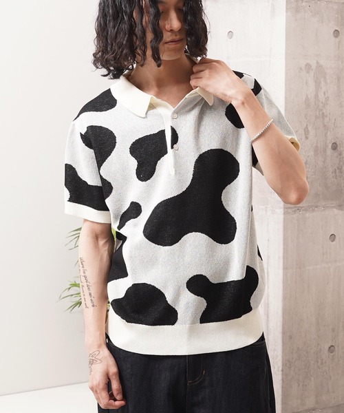 1111clothing(ワンフォークロージング)の「ジャガード ホルスタイン柄 ニットPOLO / Jacquard Holstein-Print Knit Polo Shirt(ポロシャツ・メンズ・オフホワイト/チャコールグレー/ネイビー・M/L)」の9枚目の写真