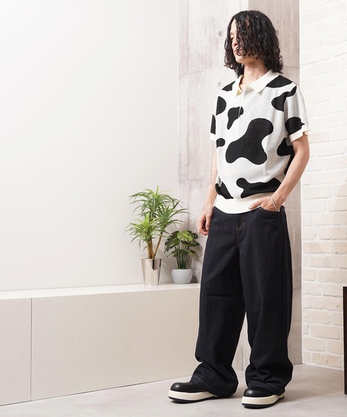 1111clothing(ワンフォークロージング)の「ジャガード ホルスタイン柄 ニットPOLO / Jacquard Holstein-Print Knit Polo Shirt(ポロシャツ・メンズ・オフホワイト/チャコールグレー/ネイビー・M/L)」の10枚目の写真