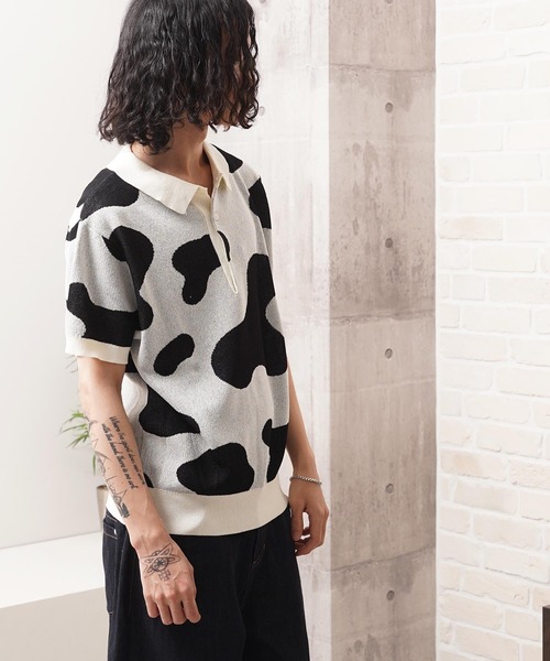 1111clothing(ワンフォークロージング)の「ジャガード ホルスタイン柄 ニットPOLO / Jacquard Holstein-Print Knit Polo Shirt(ポロシャツ・メンズ・オフホワイト/チャコールグレー/ネイビー・M/L)」の11枚目の写真