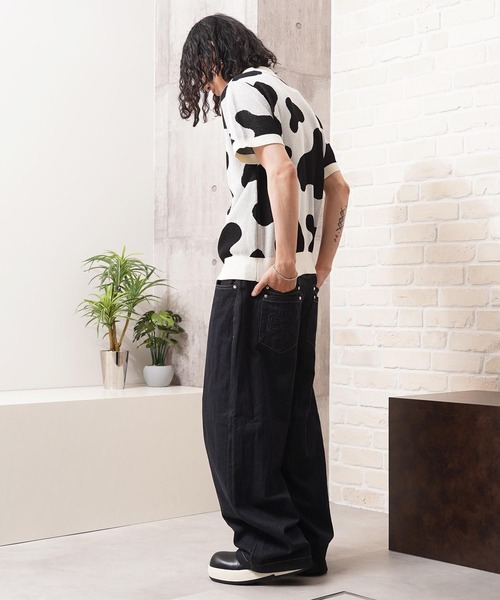 1111clothing(ワンフォークロージング)の「ジャガード ホルスタイン柄 ニットPOLO / Jacquard Holstein-Print Knit Polo Shirt(ポロシャツ・メンズ・オフホワイト/チャコールグレー/ネイビー・M/L)」の12枚目の写真