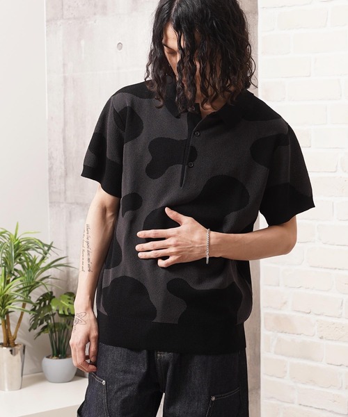 1111clothing(ワンフォークロージング)の「ジャガード ホルスタイン柄 ニットPOLO / Jacquard Holstein-Print Knit Polo Shirt(ポロシャツ・メンズ・オフホワイト/チャコールグレー/ネイビー・M/L)」の16枚目の写真
