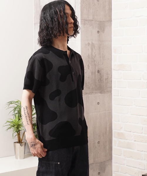 1111clothing(ワンフォークロージング)の「ジャガード ホルスタイン柄 ニットPOLO / Jacquard Holstein-Print Knit Polo Shirt(ポロシャツ・メンズ・オフホワイト/チャコールグレー/ネイビー・M/L)」の18枚目の写真