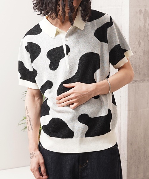 1111clothing(ワンフォークロージング)の「ジャガード ホルスタイン柄 ニットPOLO / Jacquard Holstein-Print Knit Polo Shirt(ポロシャツ・メンズ・オフホワイト/チャコールグレー/ネイビー・M/L)」の8枚目の写真