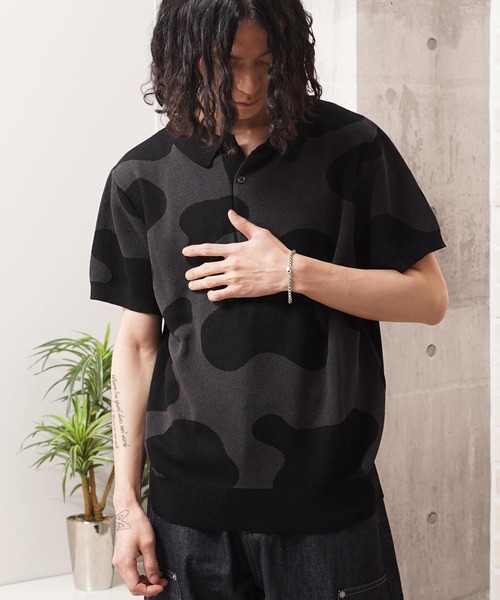 1111clothing(ワンフォークロージング)の「ジャガード ホルスタイン柄 ニットPOLO / Jacquard Holstein-Print Knit Polo Shirt(ポロシャツ・メンズ・オフホワイト/チャコールグレー/ネイビー・M/L)」の15枚目の写真