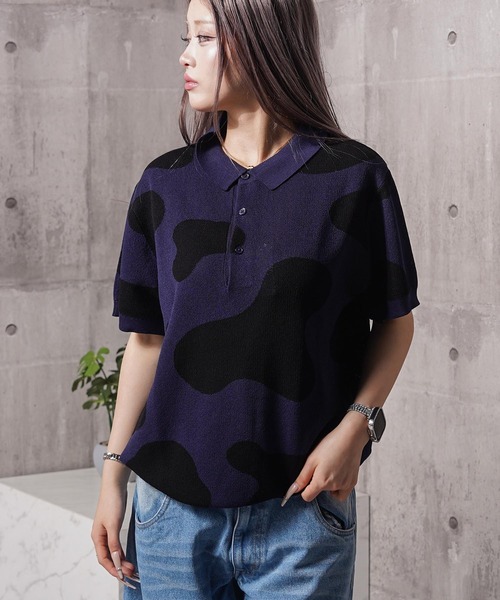1111clothing(ワンフォークロージング)の「ジャガード ホルスタイン柄 ニットPOLO / Jacquard Holstein-Print Knit Polo Shirt(ポロシャツ・メンズ・オフホワイト/チャコールグレー/ネイビー・M/L)」の22枚目の写真
