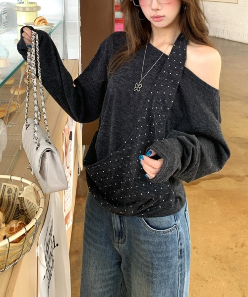 MEMECLE(メメクル)の「【 MEMECLE / メメクル 】ワンショル ドットレイヤード トップス(Tシャツ/カットソー・レディース・ダークグレー/ブラウン・MEDIUM/SMALL)」の4枚目の写真