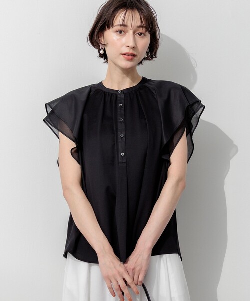 23区 S(ニジュウサンクチイサイサイズ)の「アキハコンビ ラッフルスリーブ カットソー(Tシャツ/カットソー・レディース・オールドローズ系/ベージュ系/ブラック系・32)」の1枚目の写真