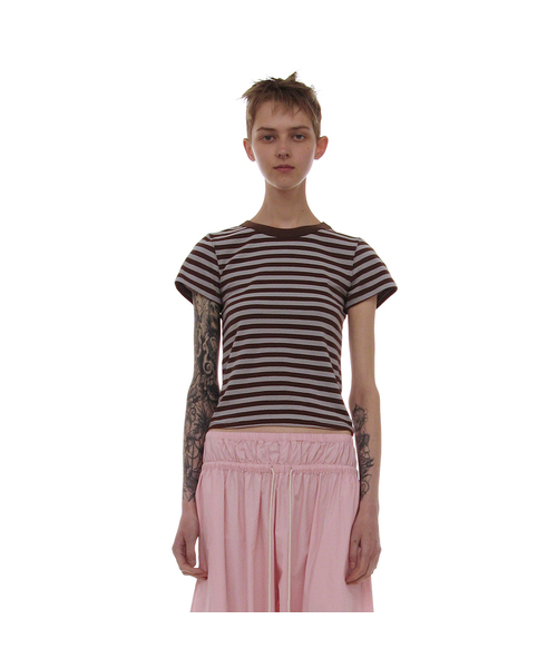 PARTIMENTO WOMEN(パルティメントウィメン)の「PWC ストライプ90sベイビーTシャツ_9カラー(Tシャツ/カットソー・レディース・アイボリー/ライトブルー/カーキ/オリーブ/チャコール/バーガンディー/ブラウン/グレー/ブラック・SMALL/MEDIUM/LARGE)」の5枚目の写真