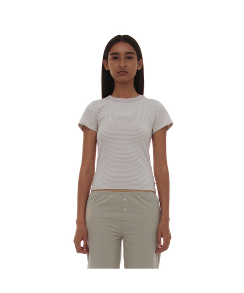 PARTIMENTO WOMEN(パルティメントウィメン)の「PWC ストライプ90sベイビーTシャツ_9カラー(Tシャツ/カットソー・レディース・アイボリー/ライトブルー/カーキ/オリーブ/チャコール/バーガンディー/ブラウン/グレー/ブラック・SMALL/MEDIUM/LARGE)」の1枚目の写真