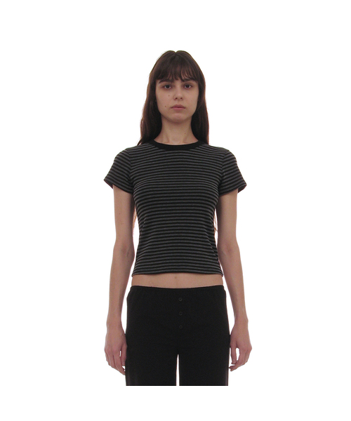 PARTIMENTO WOMEN(パルティメントウィメン)の「PWC ストライプ90sベイビーTシャツ_9カラー(Tシャツ/カットソー・レディース・アイボリー/ライトブルー/カーキ/オリーブ/チャコール/バーガンディー/ブラウン/グレー/ブラック・SMALL/MEDIUM/LARGE)」の2枚目の写真