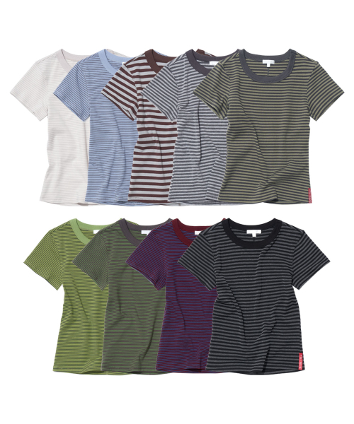 PARTIMENTO WOMEN(パルティメントウィメン)の「PWC ストライプ90sベイビーTシャツ_9カラー(Tシャツ/カットソー・レディース・アイボリー/ライトブルー/カーキ/オリーブ/チャコール/バーガンディー/ブラウン/グレー/ブラック・SMALL/MEDIUM/LARGE)」の10枚目の写真