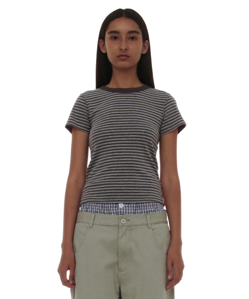 PARTIMENTO WOMEN(パルティメントウィメン)の「PWC ストライプ90sベイビーTシャツ_9カラー(Tシャツ/カットソー・レディース・アイボリー/ライトブルー/カーキ/オリーブ/チャコール/バーガンディー/ブラウン/グレー/ブラック・SMALL/MEDIUM/LARGE)」の17枚目の写真