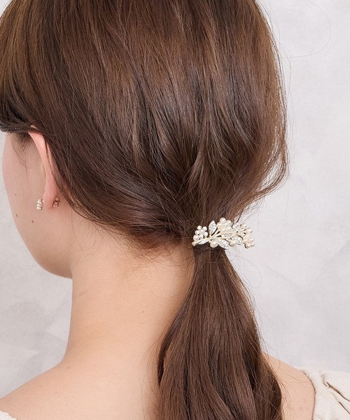 セール】パール×メタルリーフフックポニー ヘアカフ（バレッタ/ヘア