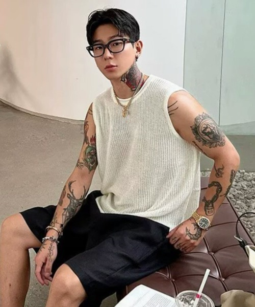NOWLE(ノウル)の「【NOWLE】メッシュ サマーニット クルーネックベスト / ざっくり透かし編み サマーレイヤード ノースリーブ(ニット/セーター・メンズ・ホワイト/ブラック/アッシュグレー・MEDIUM/LARGE/X-LARGE)」の7枚目の写真