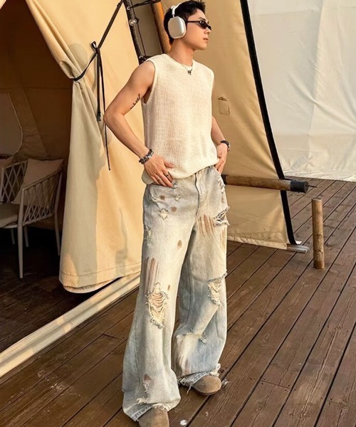 NOWLE(ノウル)の「【NOWLE】メッシュ サマーニット クルーネックベスト / ざっくり透かし編み サマーレイヤード ノースリーブ(ニット/セーター・メンズ・ホワイト/ブラック/アッシュグレー・MEDIUM/LARGE/X-LARGE)」の16枚目の写真
