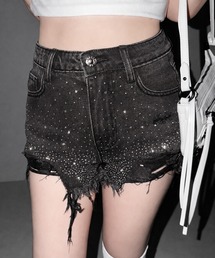 【 2color / 3size 】ラインストーンクラッシュダメージデニムショートパンツ/Rhinestone crash damage denim short pants