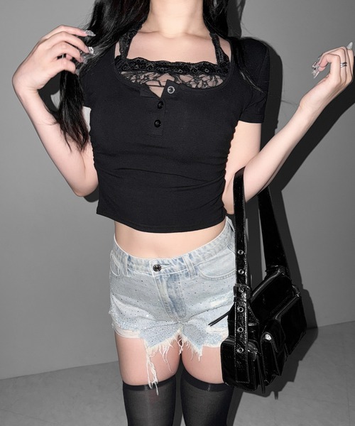 me+em select（ミームセレクト）の「【 ２color ／ ３size 】ラインストーンクラッシュダメージデニムショートパンツ／Rhinestone crash damage denim short pants（デニムパンツ・レディース・ブラック/ブルー・LARGE/MEDIUM/SMALL）」の14枚目の写真