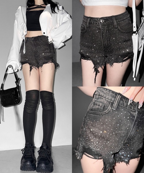 me+em select（ミームセレクト）の「【 ２color ／ ３size 】ラインストーンクラッシュダメージデニムショートパンツ／Rhinestone crash damage denim short pants（デニムパンツ・レディース・ブラック/ブルー・LARGE/MEDIUM/SMALL）」の22枚目の写真