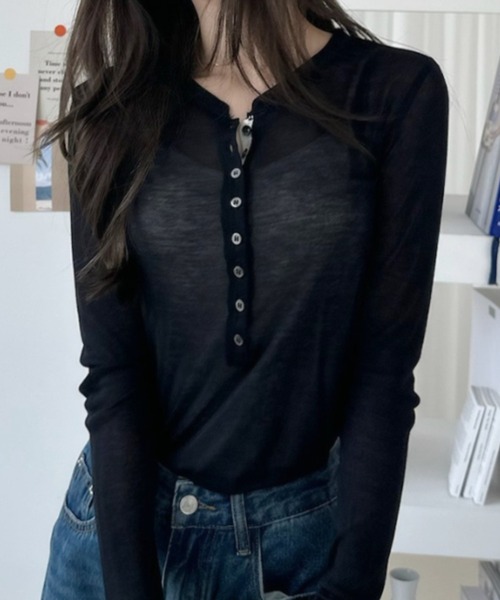 Ada.(エイダ)の「ヘンリーネック ベーシック ロングスリーブ カットソー(Tシャツ/カットソー・レディース・ホワイト/ブラック/ブラウン/杢グレー・FREE)」の12枚目の写真