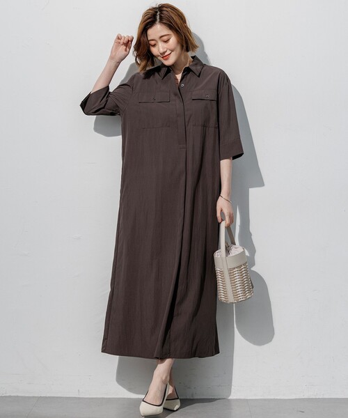 23区 S（ニジュウサンクチイサイサイズ）の「レーヨンタイプライター シャツ ワンピース（シャツワンピース・レディース・ネイビー系/ダークブラウン系/黄土色系・32）」の7枚目の写真