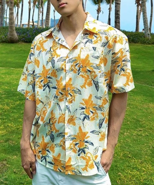 FreeZone(フリーゾーン)の「フラワープリントオーバーサイズ半袖シャツ(Tシャツ/カットソー・メンズ・イエロー/ブルー・F)」の4枚目の写真