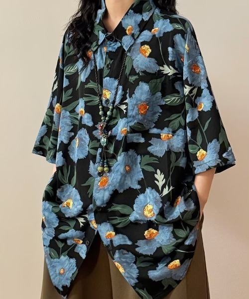 FreeZone(フリーゾーン)の「フラワープリントオーバーサイズ半袖シャツ(Tシャツ/カットソー・メンズ・イエロー/ブルー・F)」の12枚目の写真