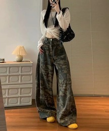 カモフラージュ柄ハイウエストワイドデニムパンツ