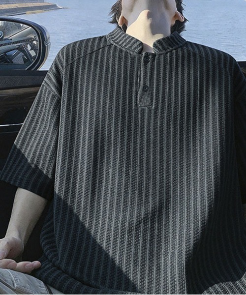 DOUBLE STEAL（ダブルスティール）の「DSヘリンボーンキーネックTシャツ（Tシャツ/カットソー・メンズ・グレー/ホワイト/ブラック・LARGE/MEDIUM/X-LARGE）」の3枚目の写真