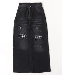 チェック切替ダメージ加工ワイドデニムパンツ　Y2Kグランジデニムパンツ
