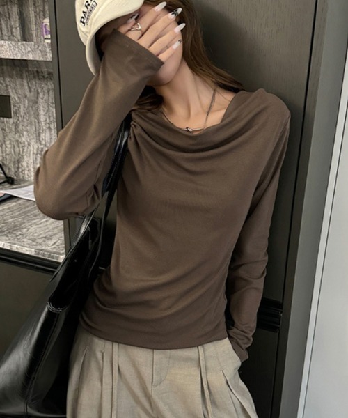 shyam inspiration(シャムインスピレーション)の「ドレープネックロンT(Tシャツ/カットソー・レディース・ホワイト/チャコールグレー/ブラウン/ブラック/ライトグレー・M/L)」の5枚目の写真