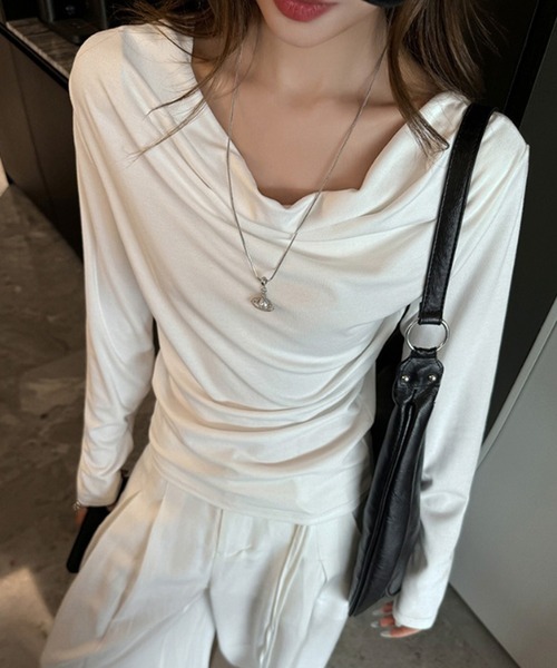 shyam inspiration(シャムインスピレーション)の「ドレープネックロンT(Tシャツ/カットソー・レディース・ホワイト/チャコールグレー/ブラウン/ブラック/ライトグレー・M/L)」の2枚目の写真