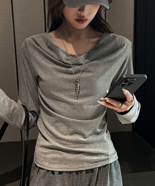 shyam inspiration(シャムインスピレーション)の「ドレープネックロンT(Tシャツ/カットソー・レディース・ホワイト/チャコールグレー/ブラウン/ブラック/ライトグレー・M/L)」の4枚目の写真